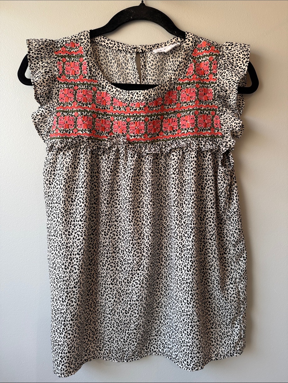 THML Black & cream Leopard top with Coral Embroidered Yoke medium